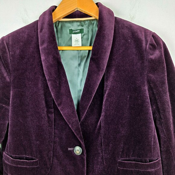 J Crew Velvet Ruched Peplum Back Button Front Blazer, Size 8. Eden Purple Jacket - Picture 3 of 13